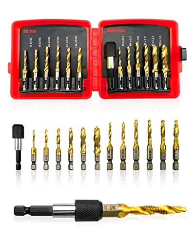 PNYZIK 13 Pcs Titanium Combination Drill and Tap Bits Set SAEMetric Thread Tap Drill Bits Set for Drilling Deburring Tapping Countersinking 3in1 Bit Tool with Quick Change Adapter - Image 1