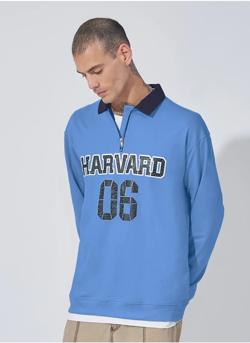 مانياك Men Polo Neck Full Sleeve Blue Cotton Sweatshirt