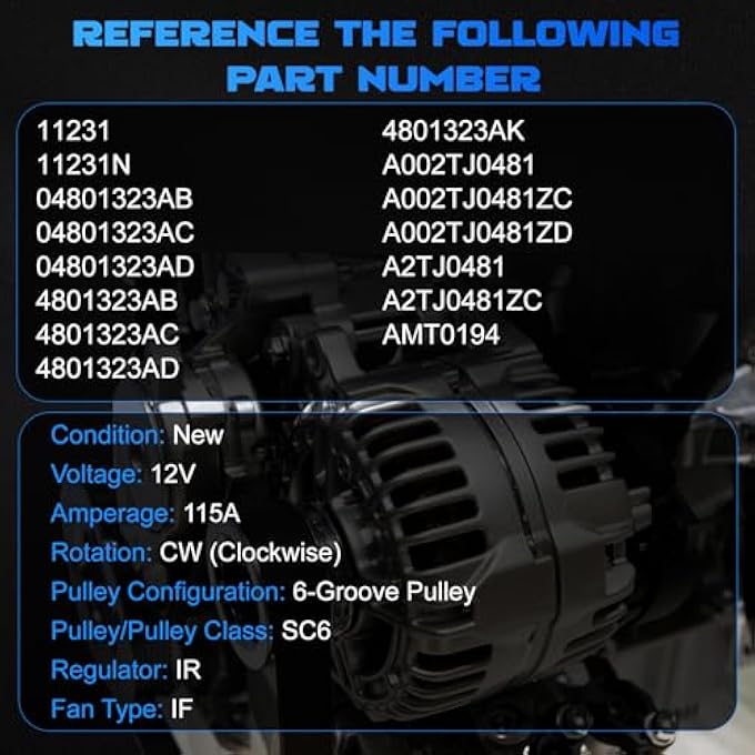 YOMALL Alternators 11231 for 2007-2012 Caliber 2.0L/2007-2010 Caliber 2.4L & 2007-2016 Compass & 2007-2016 Patriot & 2011-2013 200 2.4L & 2008-2013 Avenger & 2007-2016 Compass 2.4L & 2007-2010 Sebring - Image 3