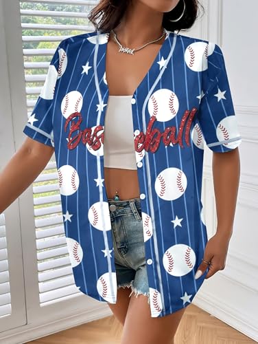 MYHALF Baseball Shirt Women Baseball Jersey Baseball Graphic Button Down Jersey Shirts Game Day Short Sleeve Tops Blue - Image 3
