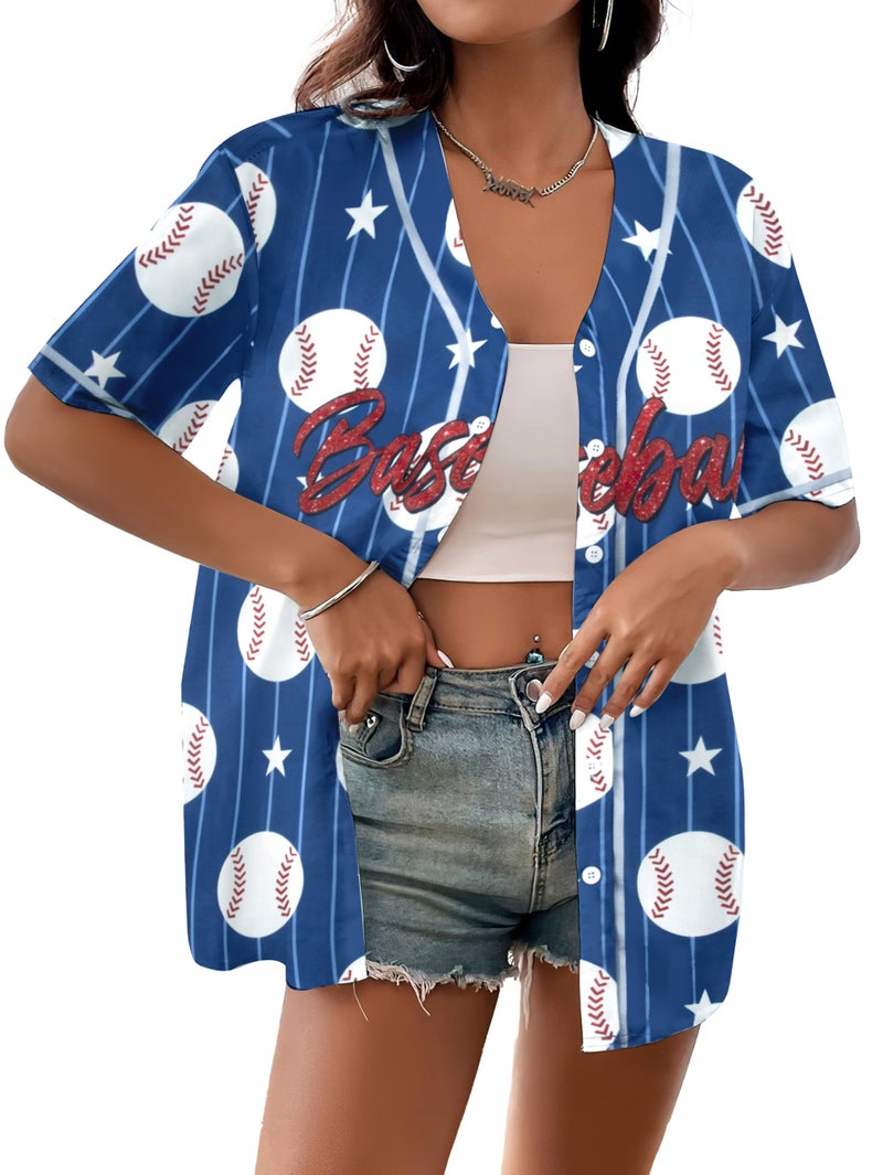 MYHALF Baseball Shirt Women Baseball Jersey Baseball Graphic Button Down Jersey Shirts Game Day Short Sleeve Tops Blue - Image 2