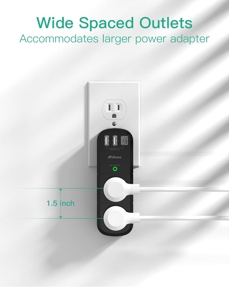 mifaso USB Outlet Extender Surge Protector - with Rotating Plug, 1800 Joules, 6 AC Multi Outlet and 3 USB Ports (1 USB C), 3-Sided Swivel Power Strip with Spaced Splitter for Home, Office, Travel - Image 5