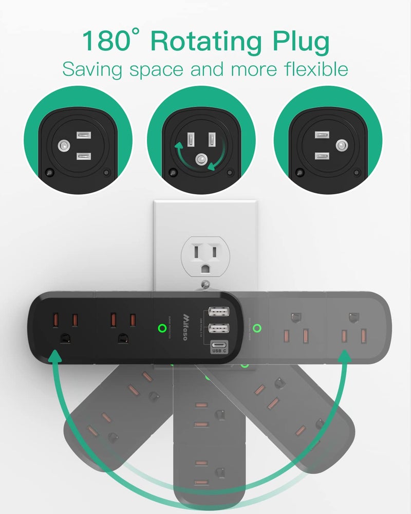 mifaso USB Outlet Extender Surge Protector - with Rotating Plug, 1800 Joules, 6 AC Multi Outlet and 3 USB Ports (1 USB C), 3-Sided Swivel Power Strip with Spaced Splitter for Home, Office, Travel - Image 2