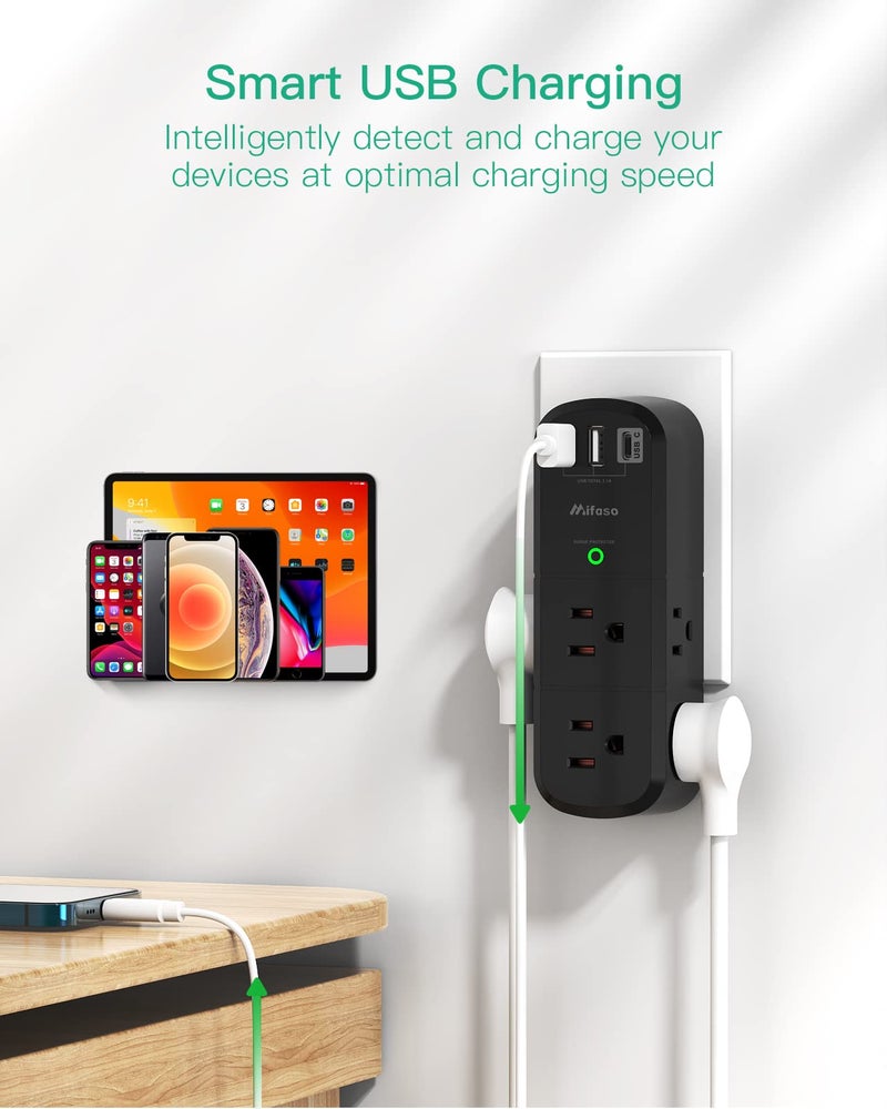 mifaso USB Outlet Extender Surge Protector - with Rotating Plug, 1800 Joules, 6 AC Multi Outlet and 3 USB Ports (1 USB C), 3-Sided Swivel Power Strip with Spaced Splitter for Home, Office, Travel - Image 3