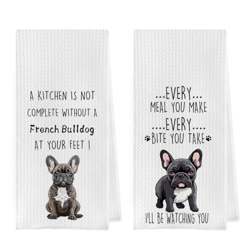 Geqtt French Bulldog Dish Towels Set  Funny Frenchie Waffle Weave Kitchen Towels French Bulldog Decorative Hand Tea Towels for Bathroom Kitchen 1624 Inches Set of 2