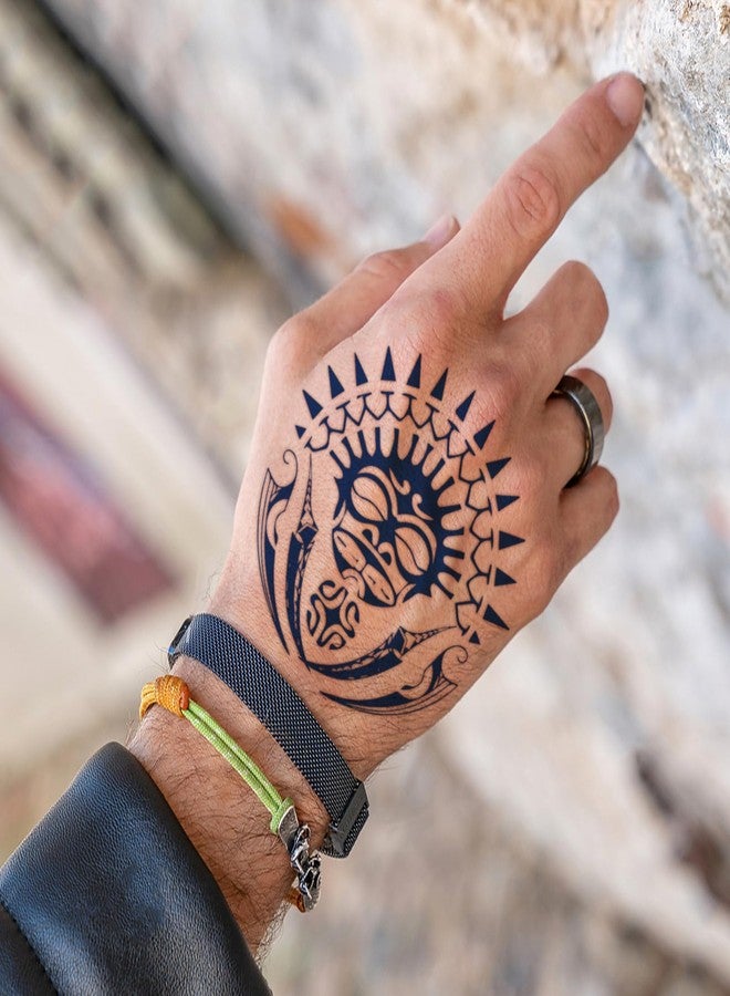 Aresvns Aztec and Viking Style Realistic Temporary Tattoos for Men, Blue Fake Tattoos for the Back of Hands and Forearms, 10 Sheets Realistic Tribal Totem Tattoos - Image 4