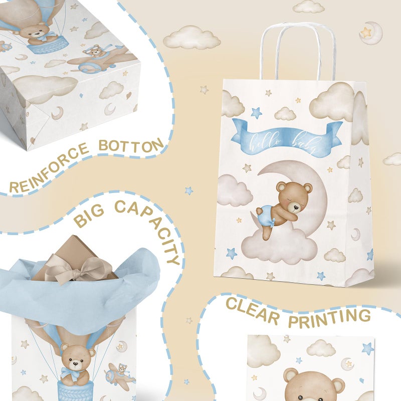 Outego 24 Pack Teddy Bear Baby Shower Bags, Baby Bear Goodie Bags with Handles, Blue Neutral Baby Shower Party Favor Bags, Welcome Baby Party Supplies - Image 3