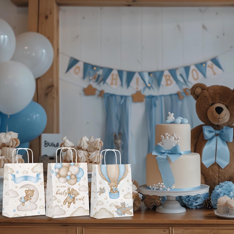 Outego 24 Pack Teddy Bear Baby Shower Bags, Baby Bear Goodie Bags with Handles, Blue Neutral Baby Shower Party Favor Bags, Welcome Baby Party Supplies - Image 5