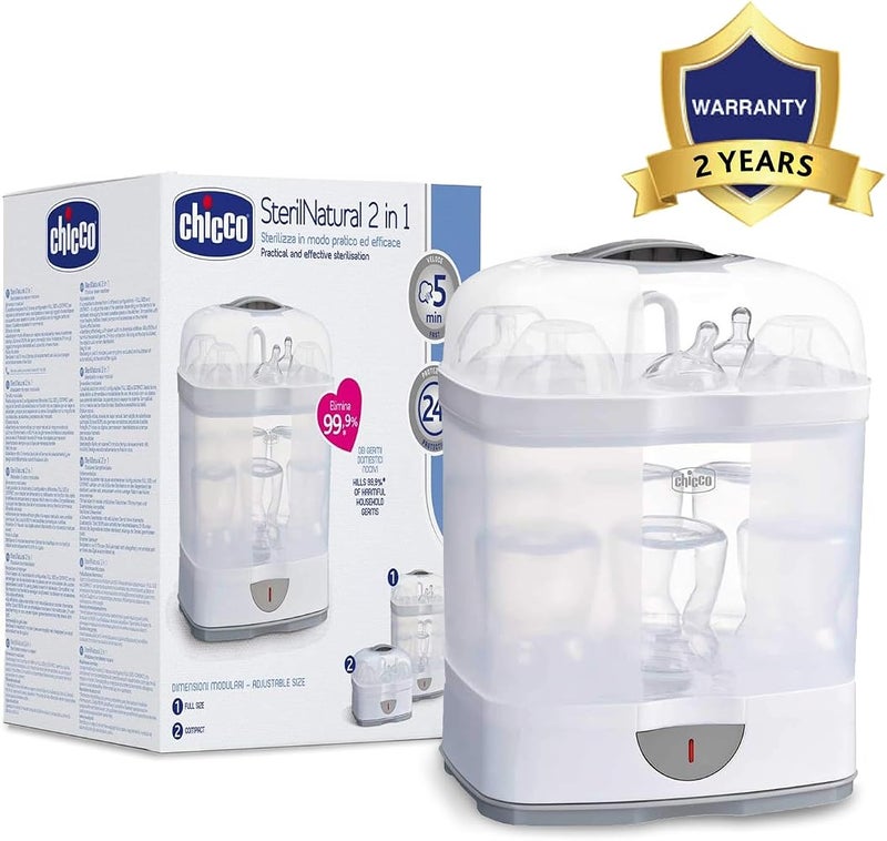 Chicco 2 in 1 Sterilizer, Adjustable Natural Steam Sterilizer for Bottles, with 2 Configurations, Quick and Easy to Use, Up to 6 x 330ml Bottles, White - Image 2