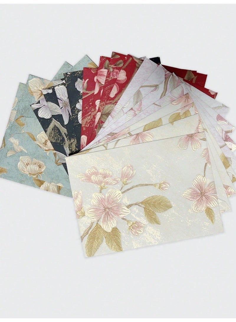 30pcs high-end vintage floral envelopes (red, black, pink, purple, green, and beige) is decorated with embossed gold foil. The floral pattern features a 3D textured design and is perfect for weddings, Christmas, anniversaries, birthdays, New Year's Day, Valentine's Day, and other occasions, as well as everyday use. Made of high-quality paper, they're suitable for everyone. (Due to paper cutting, the placement of the flowers may be random.) - Image 1