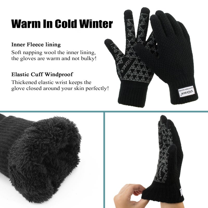 ViGrace Thickened Winter Warm Touchscreen Gloves for Men and Women Touch Screen Fleece Lined Knit Anti-Slip Wool Glove (Medium) - Image 4