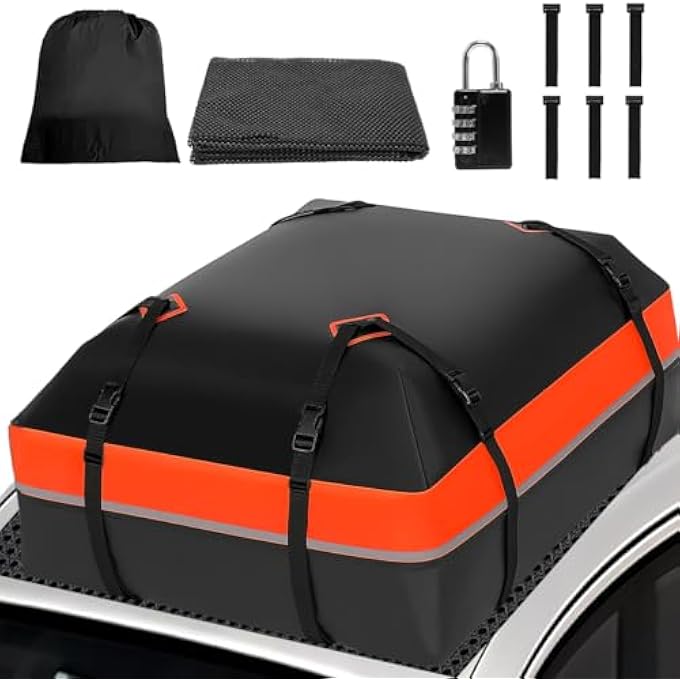 rayihni Car Roof Bag Rooftop Cargo Carrier Bag 15 Cubic Feet Waterproof for All Cars with/Without Rack, Includes Anti-Slip Mat, 8 Reinforced Straps, 6 Door Hooks, Storage Bag, Luggage Lock - Image 2