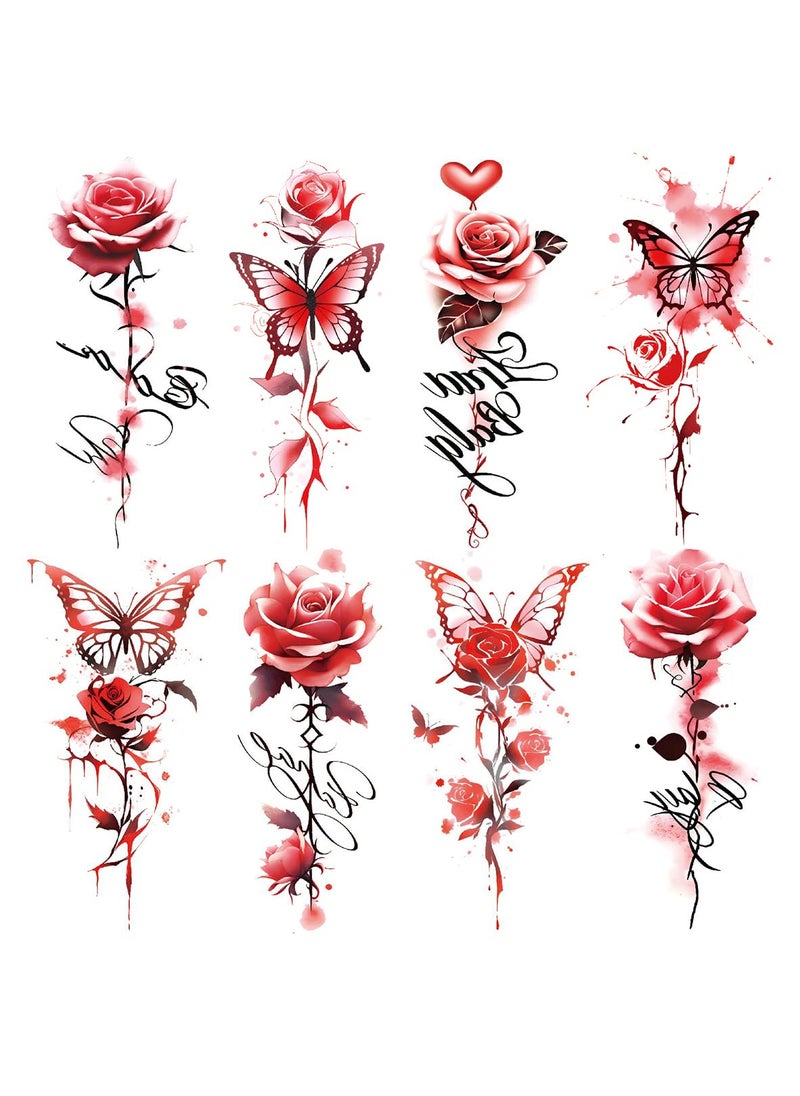Oottati 8 Sheets Arm Waterproof Body Art Temporary Tattoos Red Flower Butterfly Rose Heart 