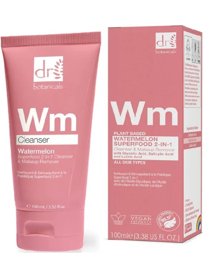 DR BOTANICALS Dr. Botanicals Watermelon Superfood 2-In-1 Cleanser & Makeup Remover with Glycolic Acid, Salicylic Acid & Lactic Acid 100ml - Image 1