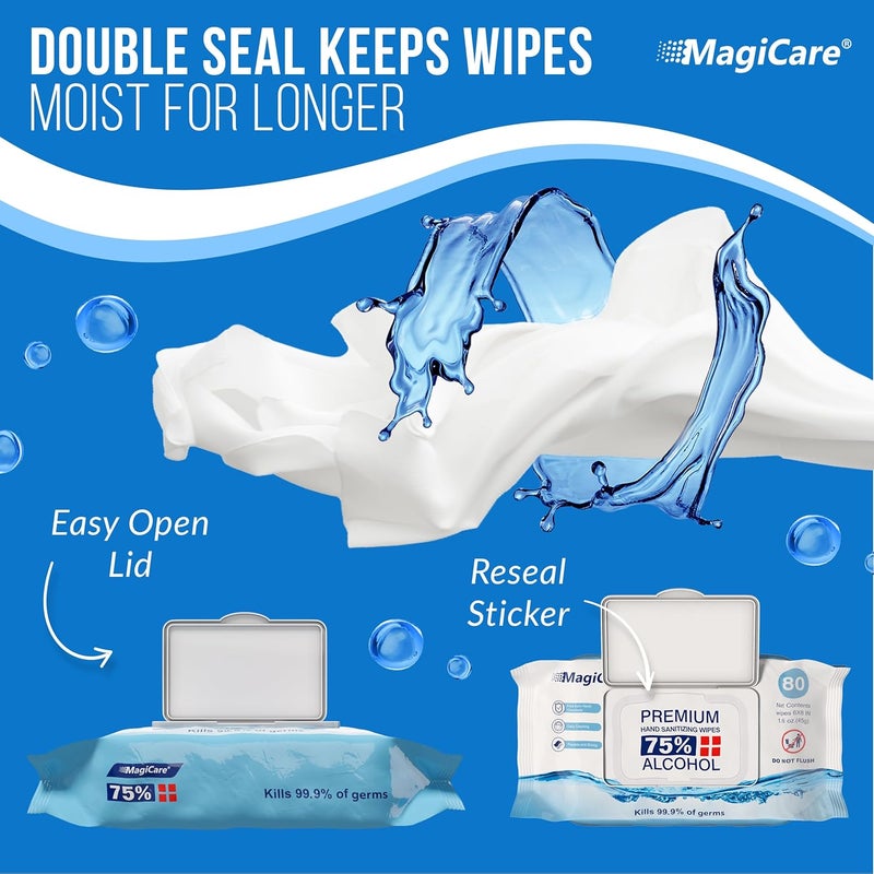 MAGICARE 75% Large Alcohol Wipes (4-80ct Packs) - Alcohol Hand Sanitizing Wipes, Premium - Unscented Hand Wipe, Sanitizer Wipe - Travel, Home, Classroom, Camping - 4 Soft Packs (320pcs) - Image 4