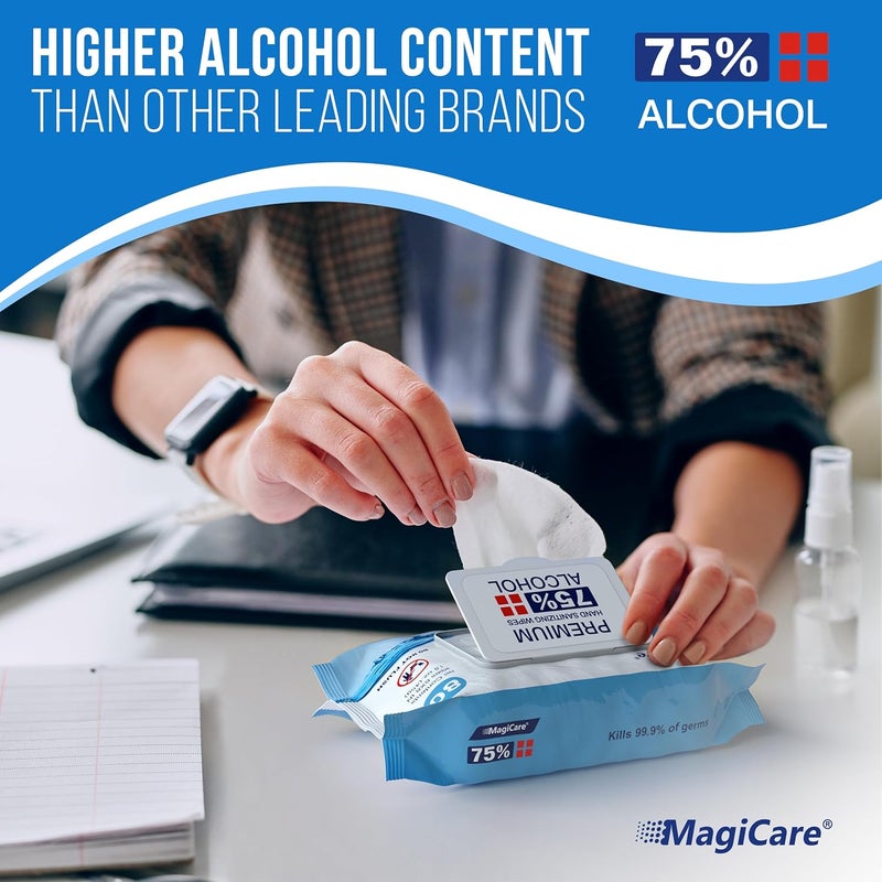 MAGICARE 75% Large Alcohol Wipes (4-80ct Packs) - Alcohol Hand Sanitizing Wipes, Premium - Unscented Hand Wipe, Sanitizer Wipe - Travel, Home, Classroom, Camping - 4 Soft Packs (320pcs) - Image 2