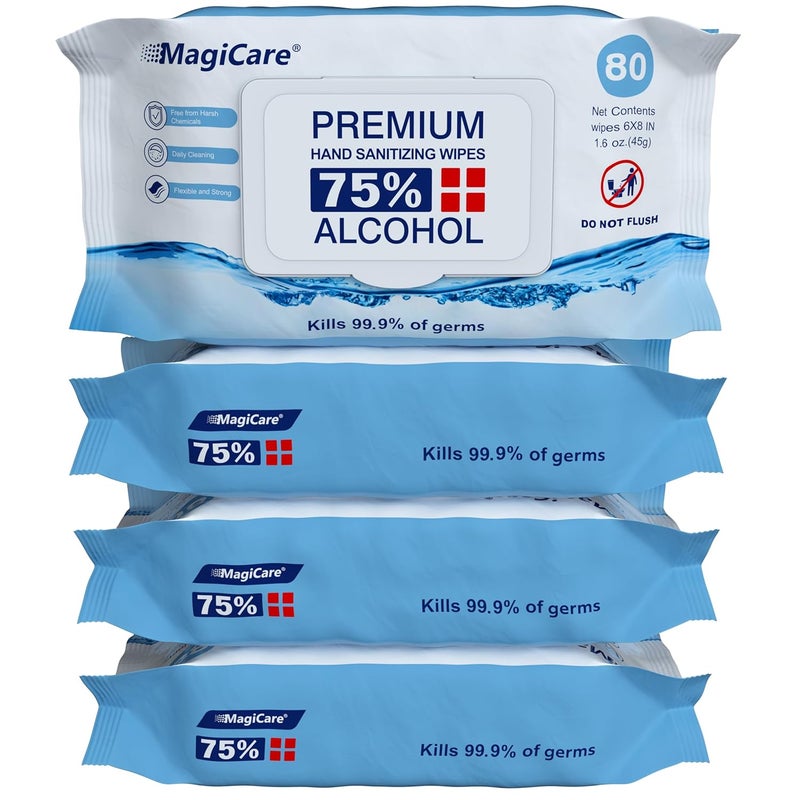 MAGICARE 75% Large Alcohol Wipes (4-80ct Packs) - Alcohol Hand Sanitizing Wipes, Premium - Unscented Hand Wipe, Sanitizer Wipe - Travel, Home, Classroom, Camping - 4 Soft Packs (320pcs) - Image 1