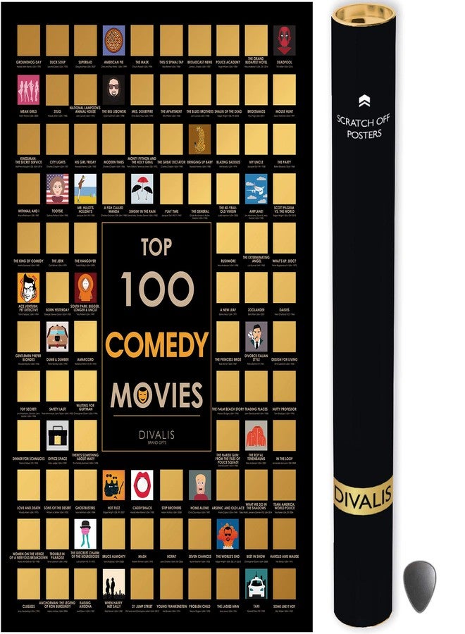 Divalis Top 100 Comedy Movies Scratch off Poster - Large Comedies Scratchable Poster - Comedies of all Time Bucket List - Scratchable Checklist Poster - Must See Movie Challenge - Essential Cinema to Watch - Image 1