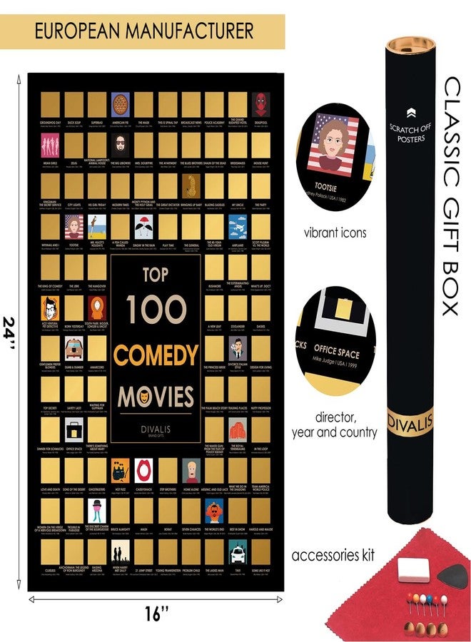 Divalis Top 100 Comedy Movies Scratch off Poster - Large Comedies Scratchable Poster - Comedies of all Time Bucket List - Scratchable Checklist Poster - Must See Movie Challenge - Essential Cinema to Watch - Image 3
