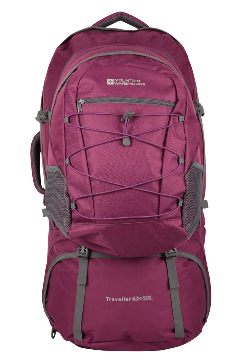 Mountain Warehouse حقيبة ظهر جبلية ترافيلر 60 + 20 لتر - حقيبة ظهر متينة مع غطاء مطري، حقيبة نهارية قابلة للفصل، دعم ظهر قابل للتعديل - رائعة للتخييم، المشي، السفر، تناسب النساء باللون الأرجواني - Image 1
