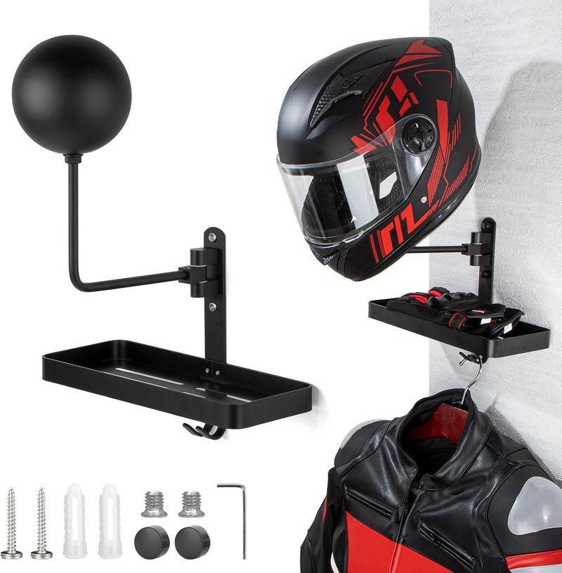 PUERSI Helmet Holder Wall Mount with Shelf - 180° Rotation Helmet Storage Rack for Motorcycle and Sports Gear - Image 1