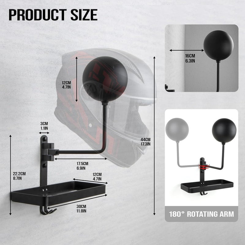 PUERSI Helmet Holder Wall Mount with Shelf - 180° Rotation Helmet Storage Rack for Motorcycle and Sports Gear - Image 4