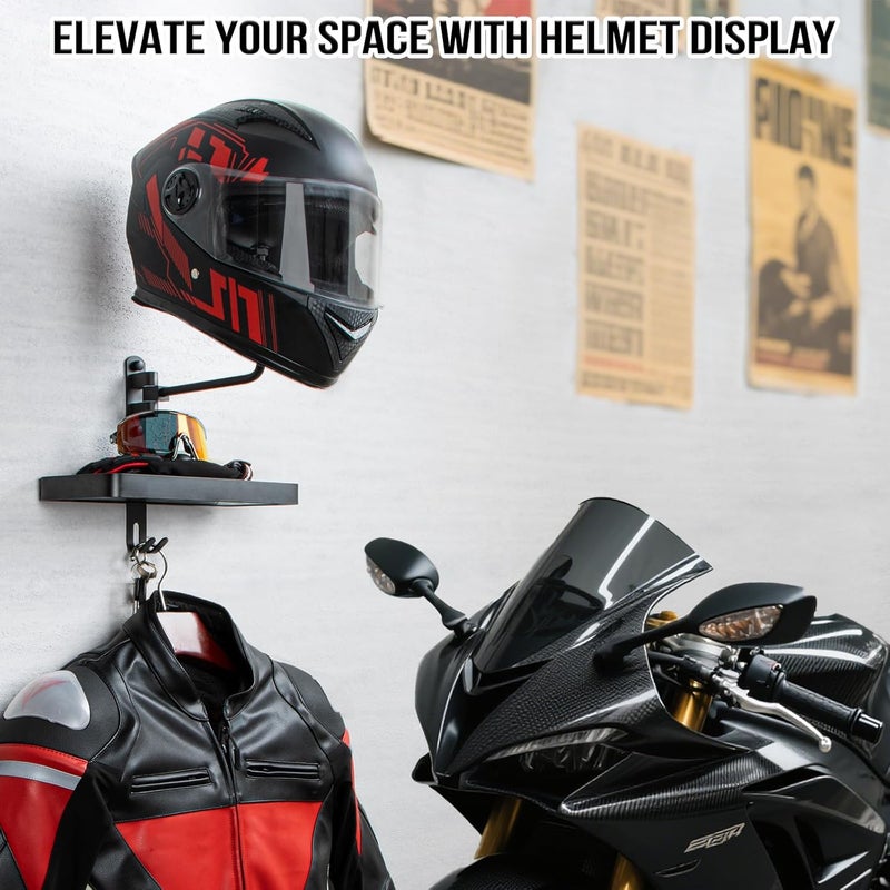 PUERSI Helmet Holder Wall Mount with Shelf - 180° Rotation Helmet Storage Rack for Motorcycle and Sports Gear - Image 2