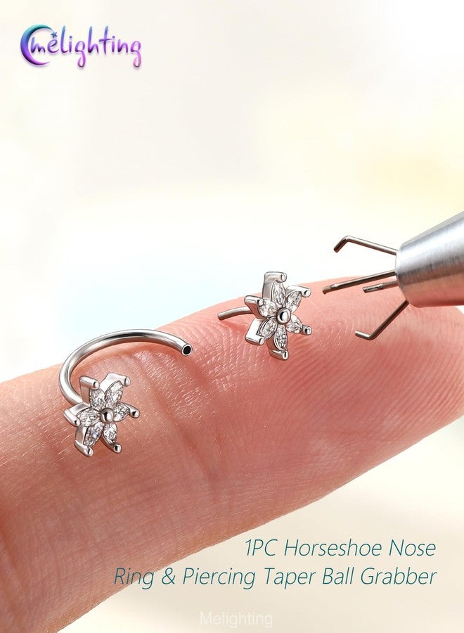 Melighting Flower 20G Horseshoe Nose Ring Hoop, Piercing Taper Ball Grabber Tool Set 316L Stainless Steel, CZ Clear Threadless Push in Nose Septum Daith Lip Rook Helix Piercing Jewelry for Women 7 mm - Image 3