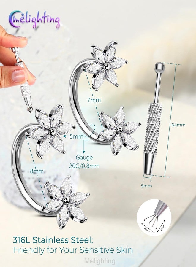 Melighting Flower 20G Horseshoe Nose Ring Hoop, Piercing Taper Ball Grabber Tool Set 316L Stainless Steel, CZ Clear Threadless Push in Nose Septum Daith Lip Rook Helix Piercing Jewelry for Women 7 mm - Image 2