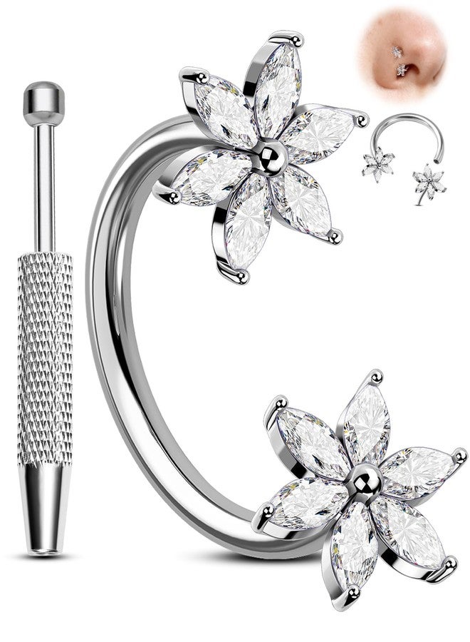 Melighting Flower 20G Horseshoe Nose Ring Hoop, Piercing Taper Ball Grabber Tool Set 316L Stainless Steel, CZ Clear Threadless Push in Nose Septum Daith Lip Rook Helix Piercing Jewelry for Women 7 mm - Image 1