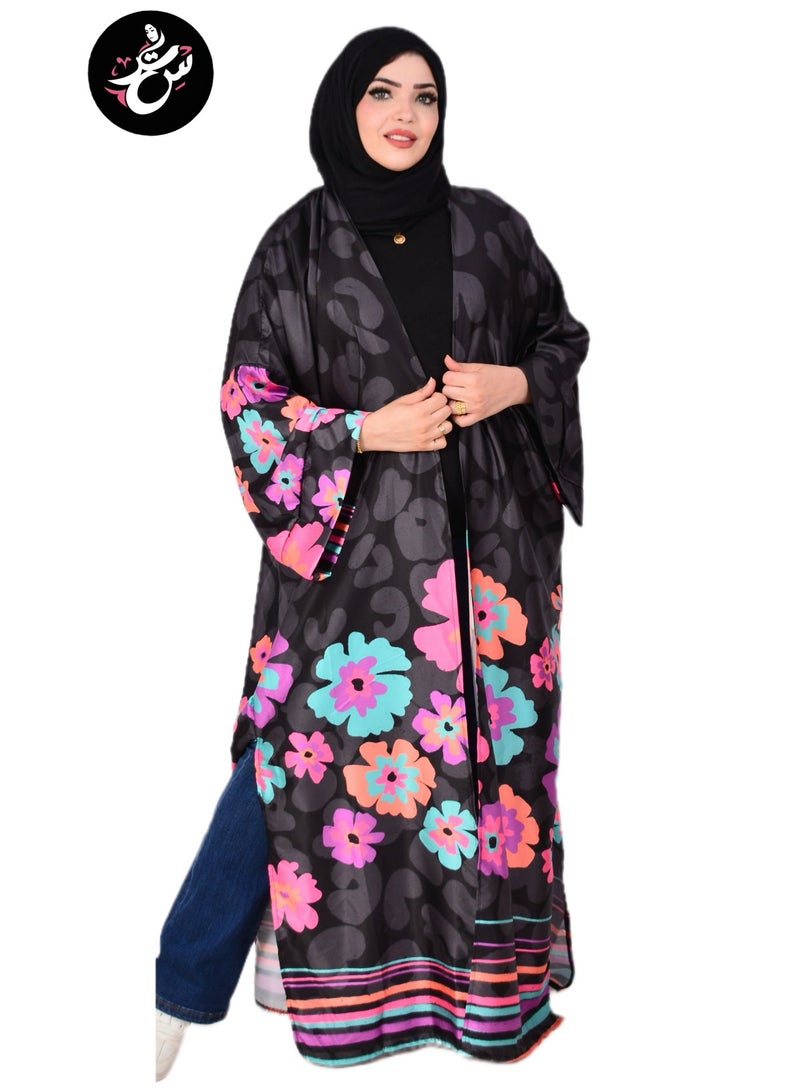 Setr Women’s Long Floral Kimono Cardigan – Exclusive Artist-Created Print, Armani Satin Silk Fabric, Oversized Open Front Cover Up - Black - Image 1