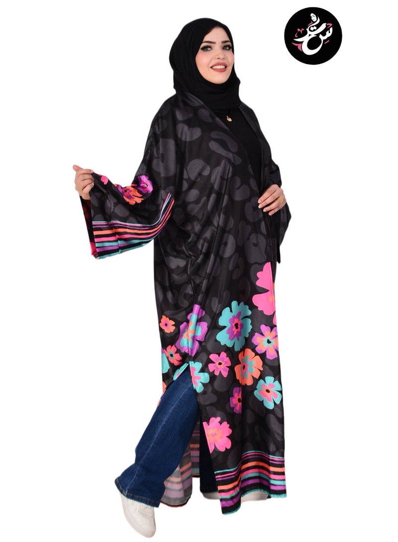 Setr Women’s Long Floral Kimono Cardigan – Exclusive Artist-Created Print, Armani Satin Silk Fabric, Oversized Open Front Cover Up - Black - Image 3