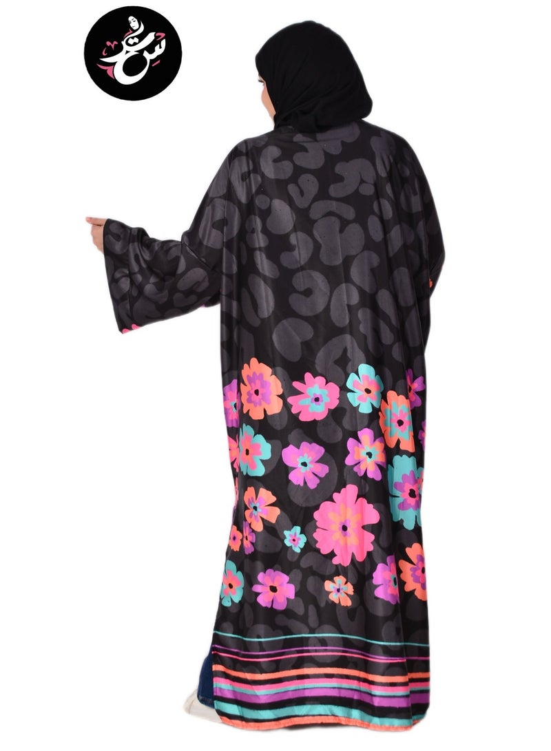 Setr Women’s Long Floral Kimono Cardigan – Exclusive Artist-Created Print, Armani Satin Silk Fabric, Oversized Open Front Cover Up - Black - Image 2