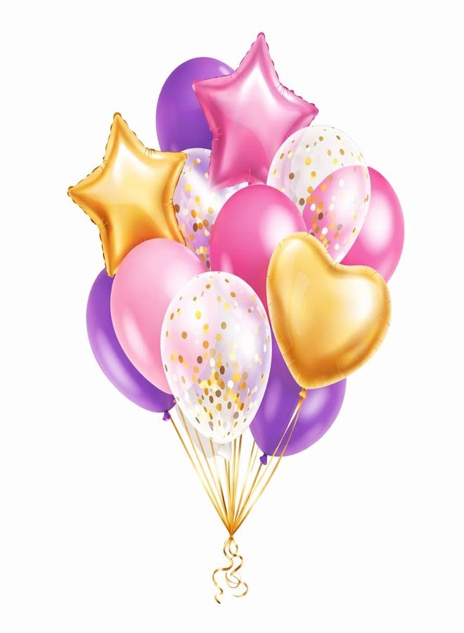 Fun Affairs Pink Purple Gold Balloon Bouquet Set (12 Pcs) - Star & Heart Foil Balloons with Confetti & Latex Balloons - Birthday Decoration, Girls Party, Baby Shower, Anniversary, Celebration Supplies - Image 1