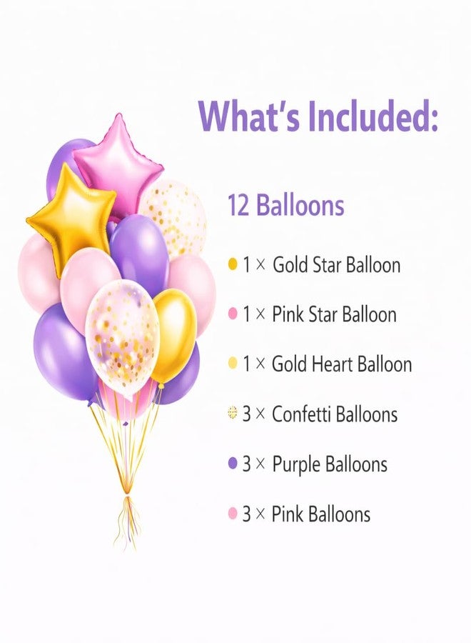 Fun Affairs Pink Purple Gold Balloon Bouquet Set (12 Pcs) - Star & Heart Foil Balloons with Confetti & Latex Balloons - Birthday Decoration, Girls Party, Baby Shower, Anniversary, Celebration Supplies - Image 2