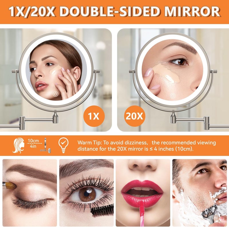 Auxmir 8'' Wall Mounted Lighted Makeup Mirror, 3200mAh Rechargeable, 1X/20X Dual Magnification, 3-Color LED Light, 360° Adjustable Arm, Nickel - Image 4