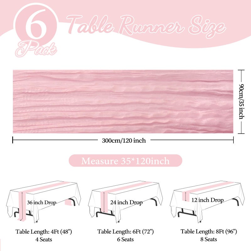 CKIKU 6 Pack Pink Cheesecloth Table Runner 35x120 Inch Gauze Rustic Boho Table Runner 10FT Cheese Cloth for Wedding Decor Birthday Party Bridal Baby Shower Table Decoration - Image 2