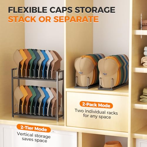 Cinati 2-Tier Hat Organizer for Baseball Caps, 18 Capacity Freestanding Baseball Cap Rack, Metal & Wood Hat Storage for Closet Entryway Bedroom, Black Cap Holder Stand, Gifts for Men Dad - Image 2