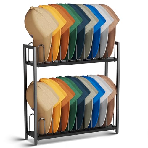 Cinati 2-Tier Hat Organizer for Baseball Caps, 18 Capacity Freestanding Baseball Cap Rack, Metal & Wood Hat Storage for Closet Entryway Bedroom, Black Cap Holder Stand, Gifts for Men Dad - Image 1