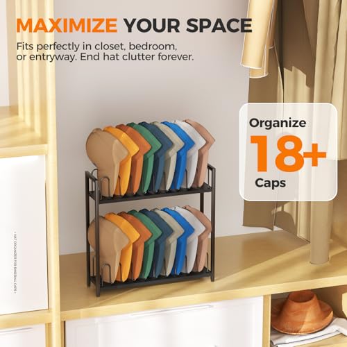 Cinati 2-Tier Hat Organizer for Baseball Caps, 18 Capacity Freestanding Baseball Cap Rack, Metal & Wood Hat Storage for Closet Entryway Bedroom, Black Cap Holder Stand, Gifts for Men Dad - Image 4