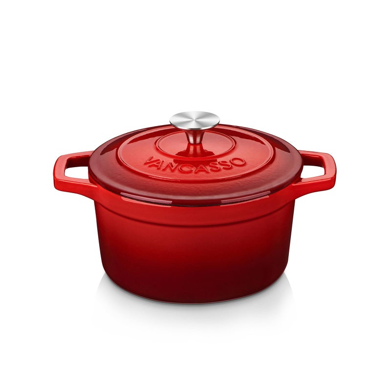 vancasso Cast Iron Pot 2L Red Naturally NonStick Enameled Dutch Oven Cookware with Stainless Steel Knob Lid Cast Iron Casserole for Steam Braise Bake Broil Saute Simmer Roast  20cm