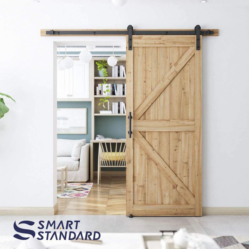 SMARTSTANDARD 6.8 FT Heavy Duty Sturdy Sliding Barn Door Hardware Kit, Black, (Whole Set Includes 1x Pull Handle Set & 1x Floor Guide) Fit 36"-40" Wide Door Panel (I Shape Hanger) - Image 3