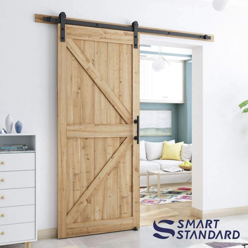 SMARTSTANDARD 6.8 FT Heavy Duty Sturdy Sliding Barn Door Hardware Kit, Black, (Whole Set Includes 1x Pull Handle Set & 1x Floor Guide) Fit 36"-40" Wide Door Panel (I Shape Hanger) - Image 2