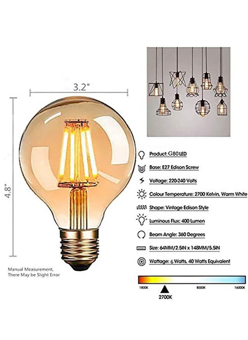 Gonice - E27 LED Light Bulb, Vintage Filament Globe Light Bulb, 4W Energy Saving 2700k Warm White Amber Glass Decorative Lamp, Ideal for Nostalgia and Retro Lighting - 6 Pack - Image 1