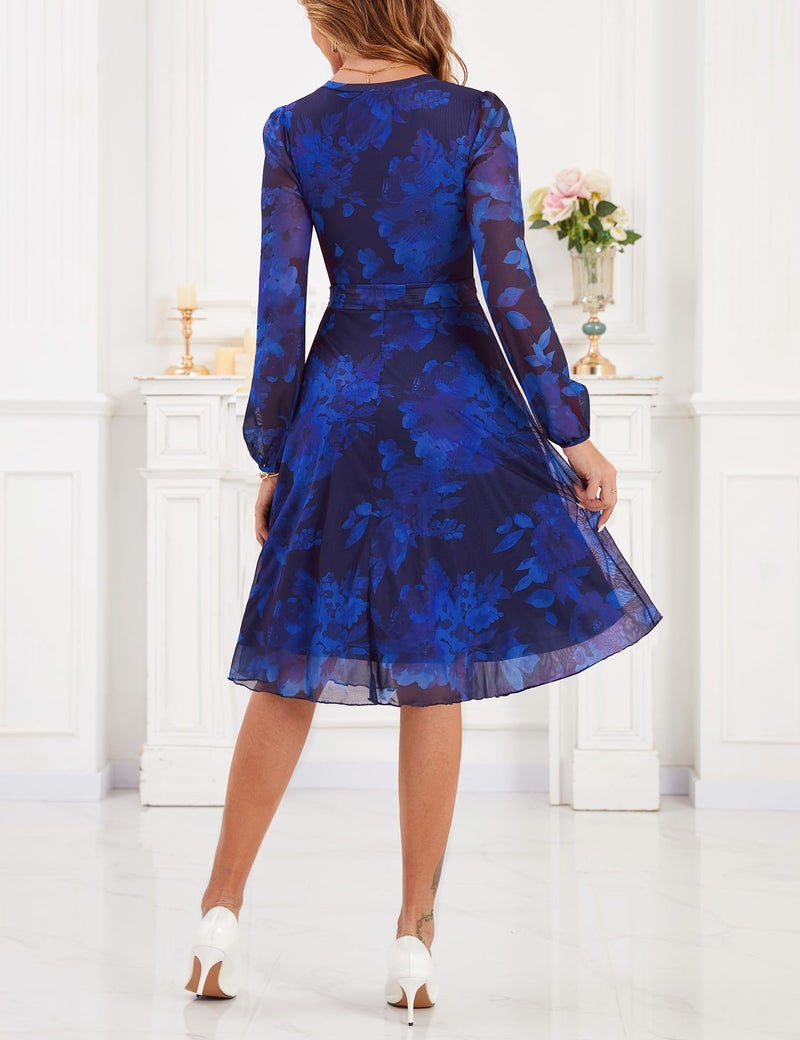 Zattcas Floral Long Sleeve Spring Fall Wedding Guest Dresses for Women 2026 Mesh Puff Sleeve Modest Midi Business Casual Outfits Church Teacher Office Work Dress Navy Blue L - Image 4