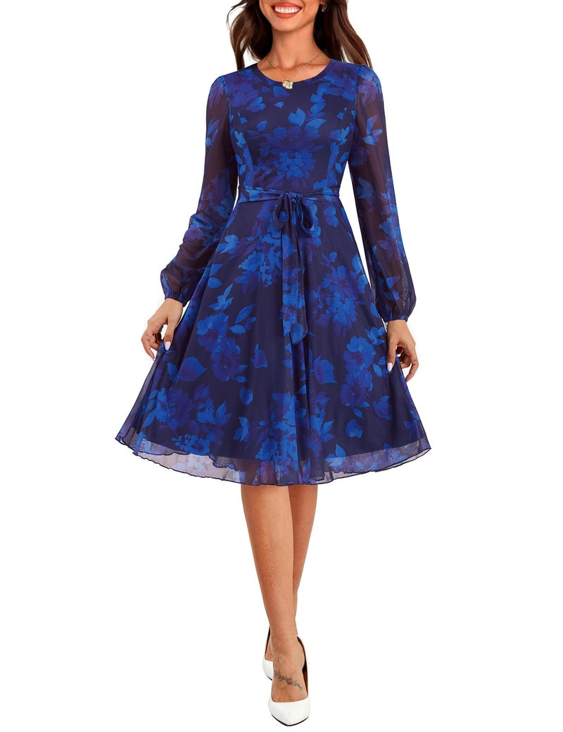 Zattcas Floral Long Sleeve Spring Fall Wedding Guest Dresses for Women 2026 Mesh Puff Sleeve Modest Midi Business Casual Outfits Church Teacher Office Work Dress Navy Blue L - Image 1