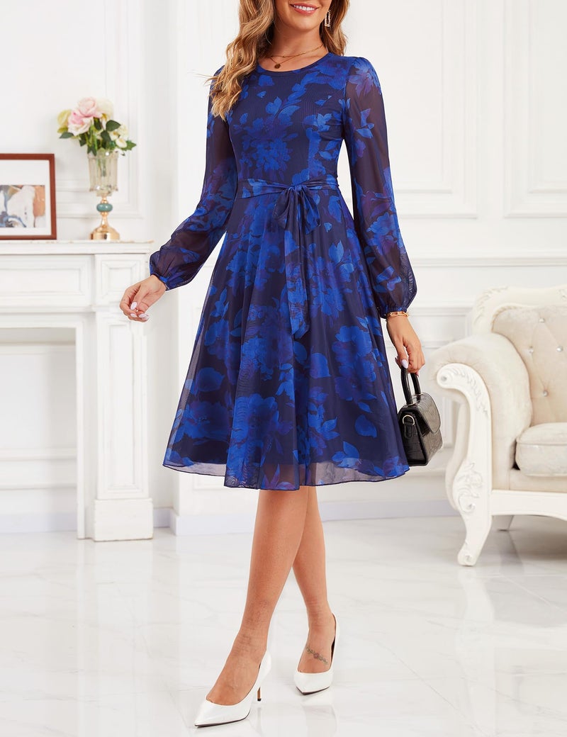 Zattcas Floral Long Sleeve Spring Fall Wedding Guest Dresses for Women 2026 Mesh Puff Sleeve Modest Midi Business Casual Outfits Church Teacher Office Work Dress Navy Blue L - Image 3