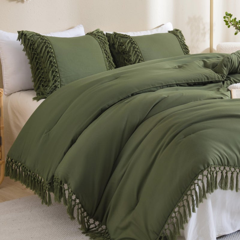 Andency Andency Olive Green Comforter Set King  3 Pieces Boho Tassel Lightweight Soft Bedding Comforter Sets for King Bed  All Season Fluffy Fringe Bed Set (104x90In Comforter & 2 Pillowcases)  - Image 3