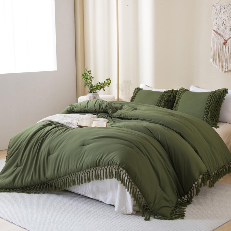 Andency Andency Olive Green Comforter Set King  3 Pieces Boho Tassel Lightweight Soft Bedding Comforter Sets for King Bed  All Season Fluffy Fringe Bed Set (104x90In Comforter & 2 Pillowcases)  - Image 5