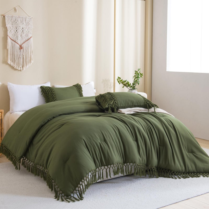 Andency Andency Olive Green Comforter Set King  3 Pieces Boho Tassel Lightweight Soft Bedding Comforter Sets for King Bed  All Season Fluffy Fringe Bed Set (104x90In Comforter & 2 Pillowcases)  - Image 2